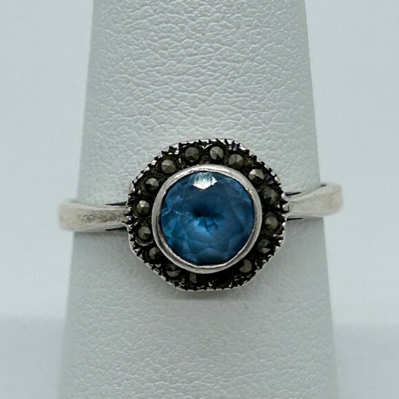 Vintage Sterling Silver Ring Blue Stone Marcasite Art Deco Revival1980s Size 7 - Picture 10 of 12